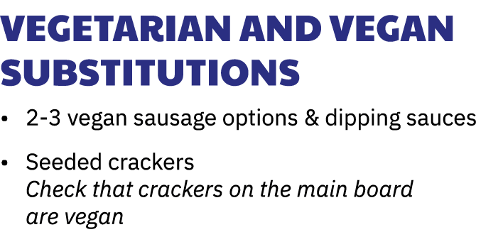 Vegetarian and Vegan Substitutions • 2-3 vegan sausage options & dipping sauces • Seeded crackers Check that crackers...