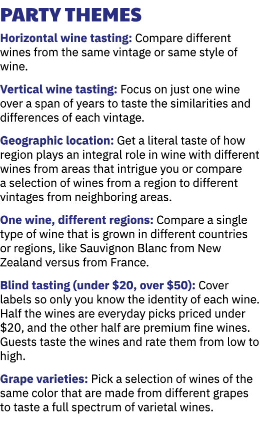 Party Themes Horizontal wine tasting: Compare different wines from the same vintage or same style of wine. Vertical w...