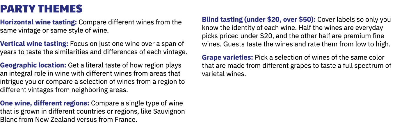 Party Themes Horizontal wine tasting: Compare different wines from the same vintage or same style of wine. Vertical w...