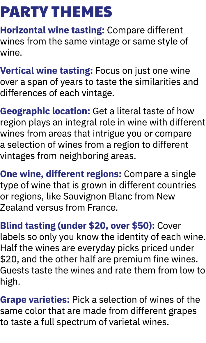 Party Themes Horizontal wine tasting: Compare different wines from the same vintage or same style of wine. Vertical w...